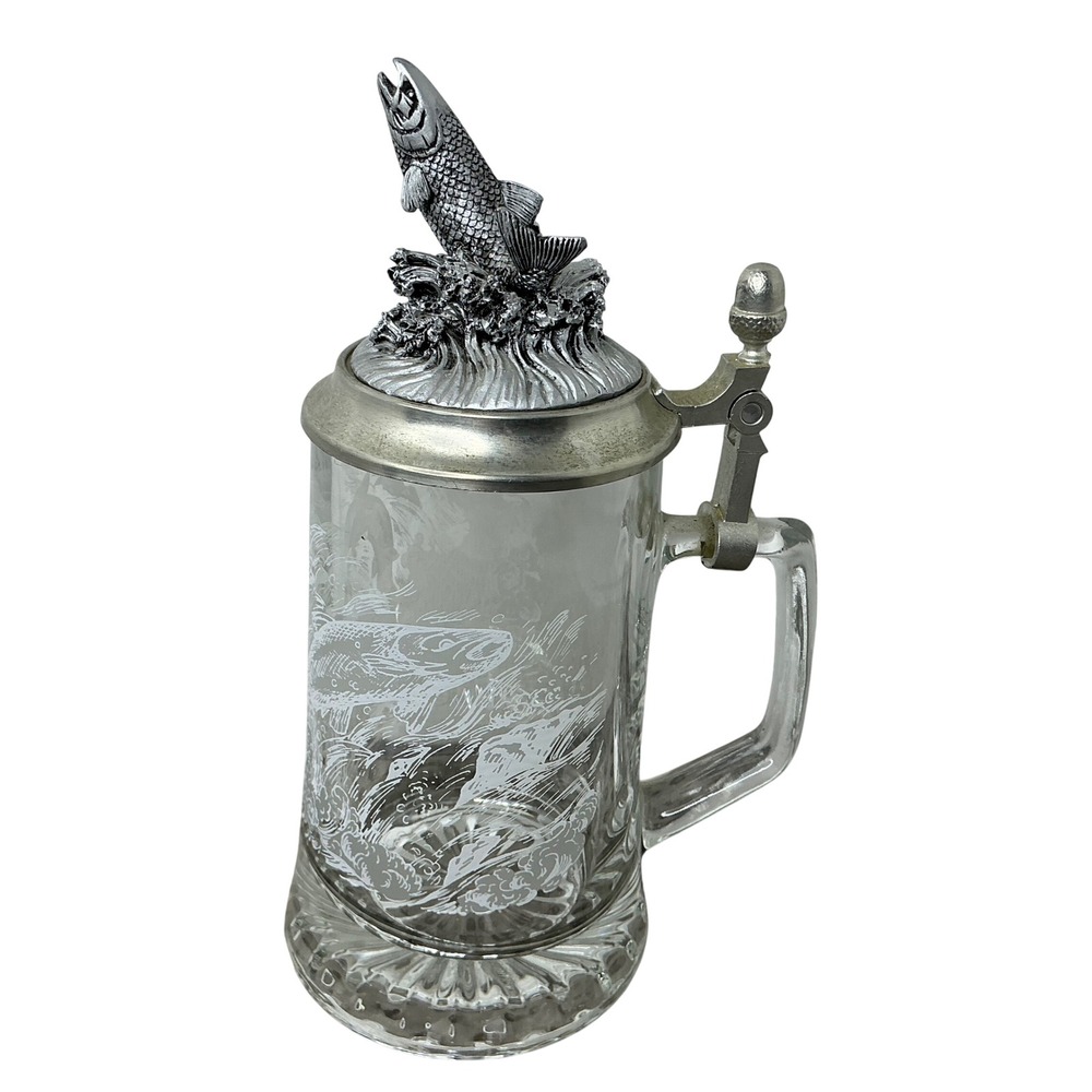 Artina Vintage Etched Glass Beer Stein with Jumping Fish Pewter Lid 9.5 Inch Mug